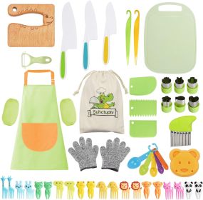 50PCS Kids Kitchen Cooking Set - Crocodile Wooden Kid Safe Knife Cutting Board Apron Gloves Fruit Vegetable Crinkle Cutters Peeler Serrated Edges Plas