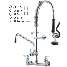 Wall-Mounted Kitchen Faucet, 25" Tall, 8" Center Distance, 12" Rotatable Spout, Includes Pre-Rinse Spray, Brass Build, Pull-Down Feature