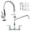 Wall-Mounted Kitchen Faucet, 25" Tall, 8" Center Distance, 12" Rotatable Spout, Includes Pre-Rinse Spray, Brass Build, Pull-Down Feature