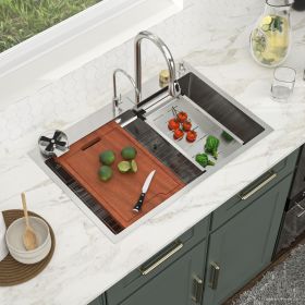 33in. *22in.*10in. Drop In 304 Stainless Steel Workstation Kitchen Sink With Dual Built-in Ledge (Color: Brushed Nickel, size: 33in. *22in.*10in.)