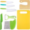 8 Pcs Wooden Kitchen Knife Set for Kids - Includes Safe Knives, Serrated Plastic Knives, Potato Slicers, Sandwich Cutter, Peeler and Cutting Board